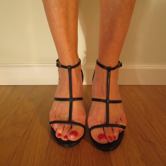 Last chance RAYE Black Leather Mid Heel T Strap Ankle Strap Sandals - Picture 2 of 8